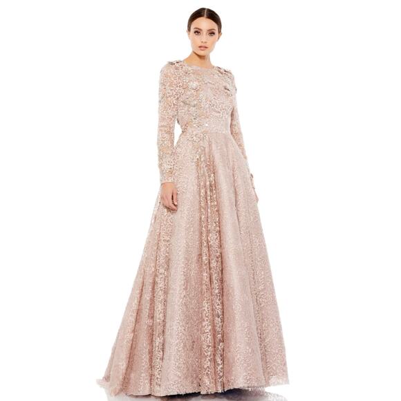 Mac Duggal 11121 Mocha Embellished Long Sleeve Illusion A-Line Gown Size 6 - Picture 1 of 10